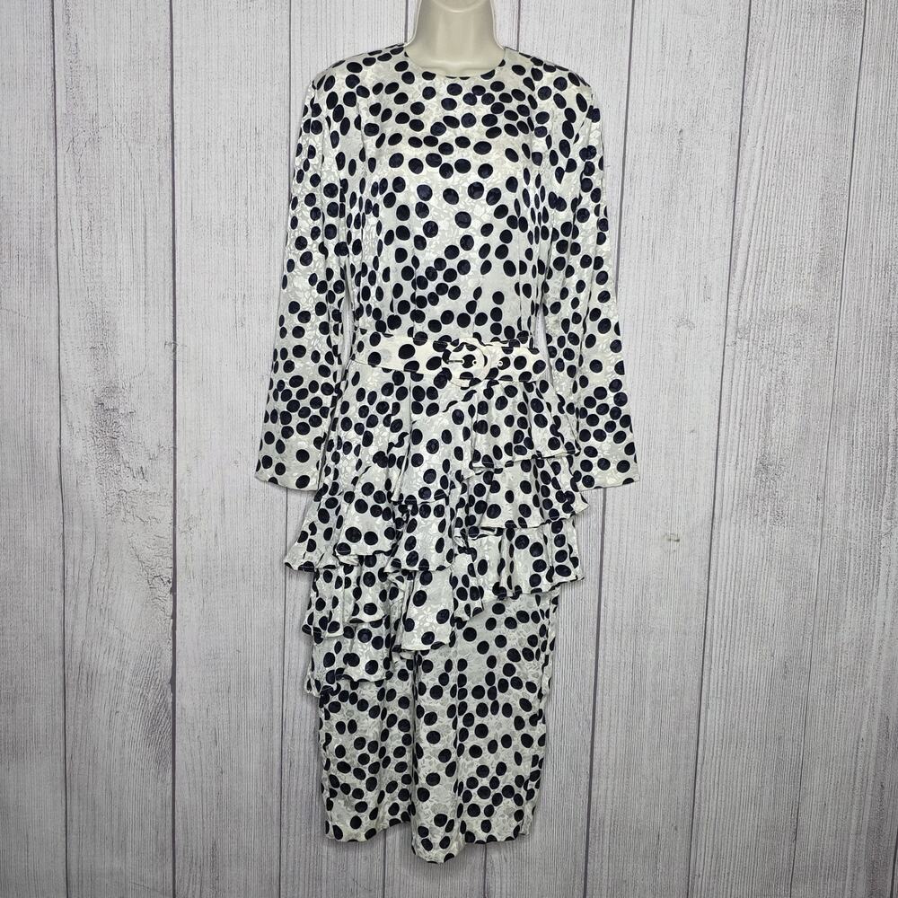 VTG Noah's Flood Polka Dot Drop Waist Ruffle Dress Belted, sz XS/Small